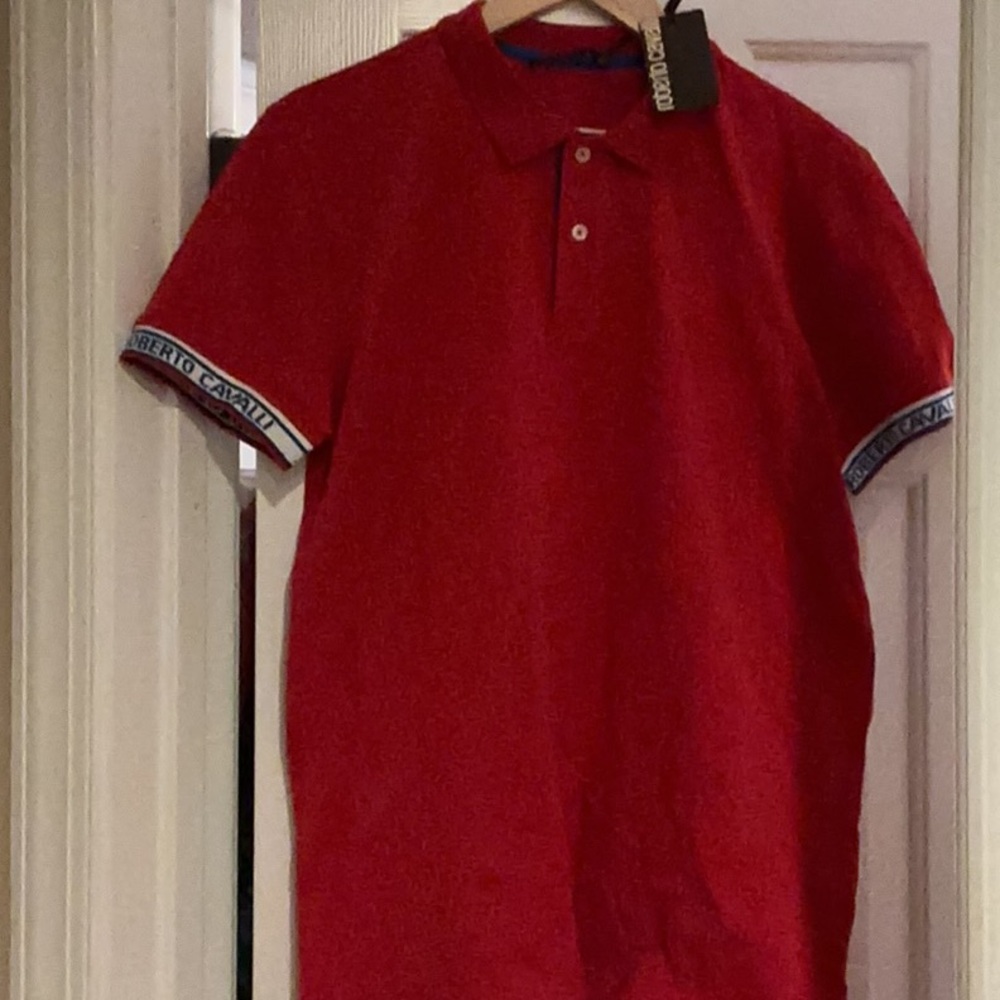 Roberto Cavalli Red Polo Shirt with Patterned Trim